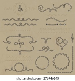 Vector set nautical elements of the rope. Hand-drawing waves and rope frames, borders. Decorative elements in marine style.