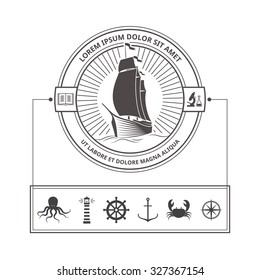 Vector Set of Nautical Icons for Badges in Vintage Style. Hipster Logo Template. Ship with Sails Related Emblems, Labels and Design Elements. 