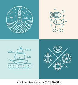 Vector set of nautical icons and logo design elements in trendy linear style 