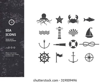 Vector Set of Nautical Icons. Sea Symbols Silhouettes. Hipster Style Design for Labels, Logos, Badges and Packaging.