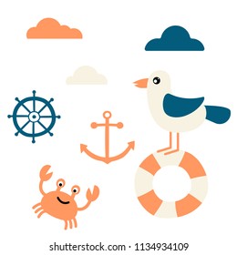 Vector set of nautical images, elements for marine design, good for postcards, invitations, cards, tickets, logo and scrapbook. Vector marine and nautical icon, logo in blue, beige and orange colors.