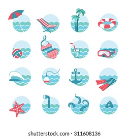 Vector set of nautical or marine and beach vacation themed round icons with waves