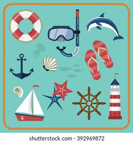  Vector set of nautical and marine icons. Different sea objects. Flat style vector illustration