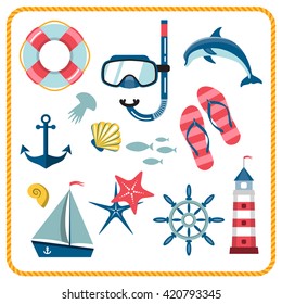 Vector set of nautical and marine icons isolated on a white background. Different sea objects. Flat style illustration