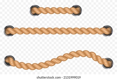 Vector set of nautical rope png. Nautical rope, whip on an isolated transparent background. Straight or twisted rope PNG. Decorative element.