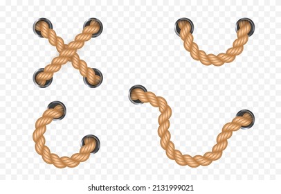 Vector set of nautical rope png. Nautical rope, whip on an isolated transparent background. Straight or twisted rope PNG. Decorative element.