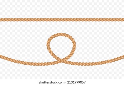 Vector set of nautical rope png. Nautical rope, whip on an isolated transparent background. Straight or twisted rope PNG. Decorative element.