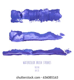 Vector set of navy blue, indigo watercolor hand painting brush stroke textures. Collection of grunge design elements isolated on white background. Gouache, acrylic art abstract illustration.