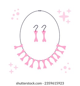 Vector set of necklace and earrings with pink little bones