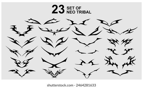 Vector set Neo tribal shape. Gothic Y2K sharp elements, abstract symmetrical design, various decorative elements. Acid Neo-tribal shapes. Tattoo. Neo Gothic. Organic fluid shapes. Brutality futuristic