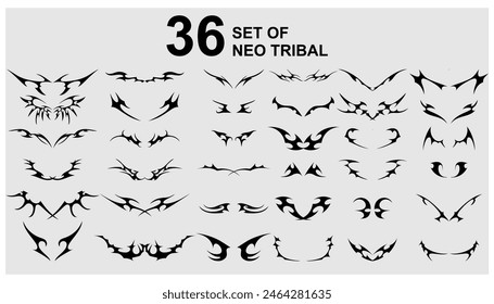 Vector set Neo tribal shape. Gothic Y2K sharp elements, abstract symmetrical design, various decorative elements. Acid Neo-tribal shapes. Tattoo. Neo Gothic. Organic fluid shapes. Brutality futuristic