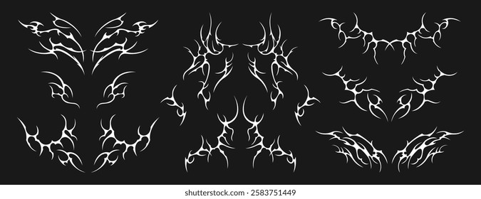 Vector set of neo tribal tattoo. Neotribal gothic butterfly with wings, flame, heart, womb, symmetrical abstract dividers. Cyber sigilism y2k design elements. Celtic gothic body ornaments, emo sticker