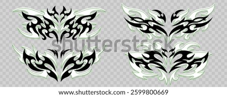 Vector set of neo tribal tattoo. Neotribal gothic butterfly with wings, flame, heart or symmetrical shapes abstract dividers. Cyber sigilism grunge y2k design elements. Celtic goth body emo stickers