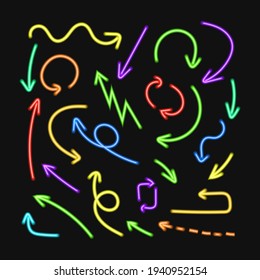 Vector Set of Neon Arrows Isolated on Black Background, Different Colors, Directional Signs, Glowing Illustration.