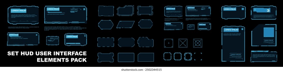 Vector set of neon borders and frames for HUD user interface. Frames, windows and blocks with data. Modern text windows and HUD interface elements. Vector elements and frames template