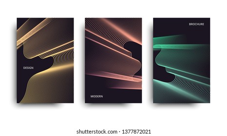 Vector set of the neon brochures. Vector minimalist covers design. Vector modern brochure. Beautiful neon lines effect.