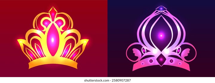 Vector set of neon cards with royal crowns and sparkles on purple and red background. Collection of postcards with princess tiaras with light flashes.