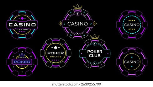 Vector set of neon casino and poker chip logos with bright colorful lines on black background. Perfect for online gambling, poker clubs, games, banners, and app design