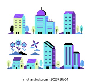 Vector set of Neon City Illustration in simple minimal geometric flat style