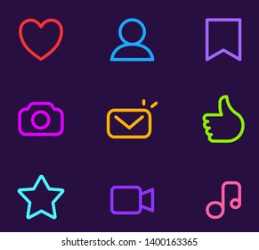 Vector set of neon color icon on black background. Line art style socila media design for app interface, web, site, banner, network