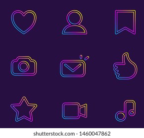 Vector Set Of Neon Color Network Icon With Gradient On Dark Background. Line Art Style Socila Media Design For App Interface, Web, Site, Banner