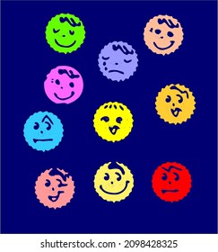 Vector set neon colored faces with different moods,  with smoothed outlines. Each mood is separately. 