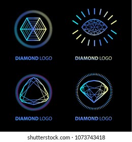 Vector set of neon diamond logos design elements. Cutting samples. Gemstone. Fashion jewelry. 