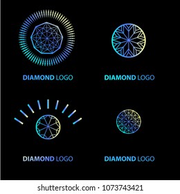Vector set of neon diamond logos design elements. Cutting samples. Gemstone. Fashion jewelry. 