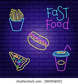 Vector set of neon fast food icons.