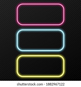 Vector set of neon frames of different colors. Different colors of neon light png. Neon, png frame. Frames for text. Neon lights. Vector image.