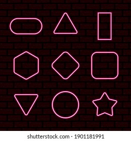 Vector set of neon frames in different colors. Different colors of neon light png. Neon, frame png. Frames for text. Neon lamps. Frames on a brick wall. Screaming wall, brick background. Vector image.