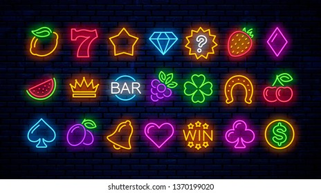 Vector set of neon gaming icons for casino. Neon signs for slot machines.