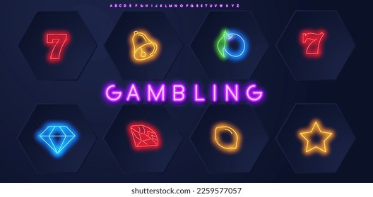 Vector set of neon gaming icons for casino. Neon signs for slot machines.