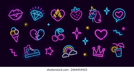 Vector set of neon girly icons of unicorn, diamond, cherry, crown, heart, coktail, ice cream, etc. Girl fashion neon icons and glow signs for stickers, pattern dsgn. Girly icons of night signboard