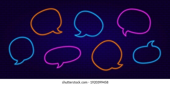 Vector set of Neon glowing Dialog Boxes. The Speech Bubble. An Empty window for dialogue and thoughts. A bright text field on a dark background. A design element for a banner, Price tag, or Discount.