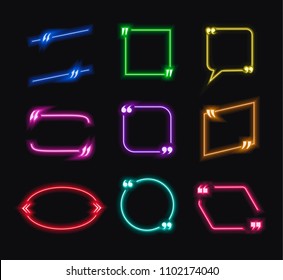 Vector Set of Neon Glowing Talk Bubbles, Quote Boxes Collection, Bright Colors on Dark Background.