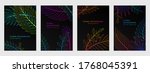Vector set of neon gradient covers with space for text. Black backgrounds with exotic plants and tropical leaves. Fluorescent backdrops for greeting cards, posters, banners, social media and etc.