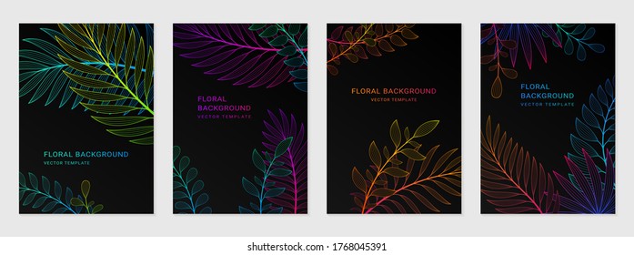 Vector set neon gradient covers and space for text  Black backgrounds and exotic plants   tropical leaves  Fluorescent backdrops for greeting cards  posters  banners  social media   etc 