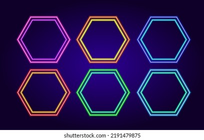 Vector set of neon isolated multicolored hexagonal frames with an empty space inside. geometric pattern glowing in the dark from double lines of hexagonal honeycombs of gradient color on dark blue 