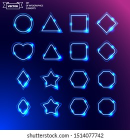 Vector set of neon lights. Glowing geometric design elements.