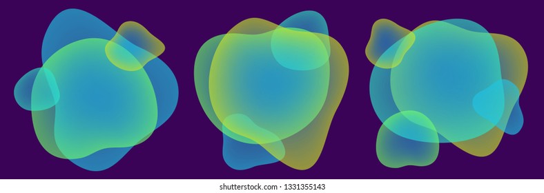 Vector set of neon liguid shapes. Gradient iridescent blue bubbles for text for business page. Template with fluid fluorescent clouds for banner, logo, web design on dark purple  background. EPS10