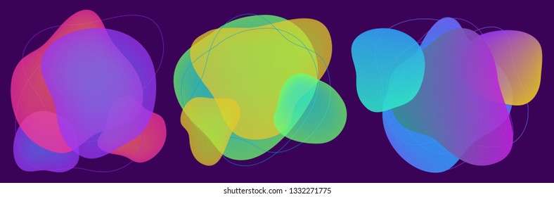 Vector set of neon liquid shapes on dark background. Gradient iridescent bubbles for text for business page. Template with fluid fluorescent clouds for banner, logo, web design. EPS10