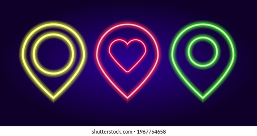 Vector set of neon location signs in different colors with a circle and a heart inside. Isolated elements glow-in-the-dark map pointers in yellow, green, and red with a heart inside for a template