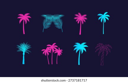Vector set of neon palm trees in retro futuristic 80s style.
8 tropical palm elements. Classic silhouettes, glowing neon palms, wireframe palms, polygon palm tree, single and grouped palms. Perfect for Y2K, retrowave, synthwave, vaporwave, Miami beach, summer party, nightlife, game UI, music covers, posters, web banners and T-shirt prints.