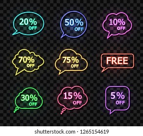 Vector Set of Neon Sale Bubbles, Comic Book Style Glowing Design Element Isolated on Dark Transparent Background.