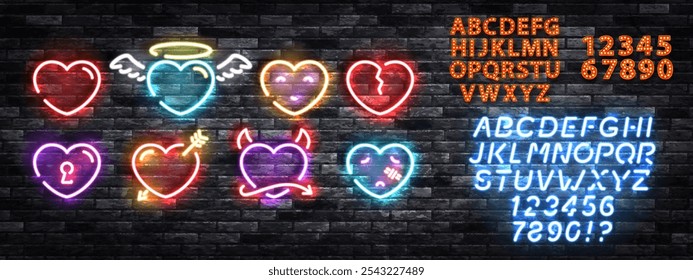 Vector set of neon sign of Hearts for Valentine's Day with alphabet font isolated on the wall background.