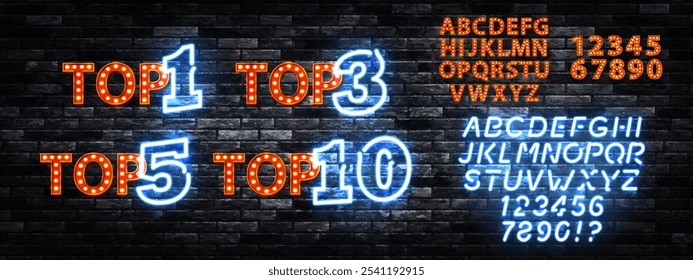 Vektorsatz des Neonzeichens von Top 1, Top 3, Top 5 und Top 10 Logo mit Alphabet-Schriftart einzeln auf Wandhintergrund.