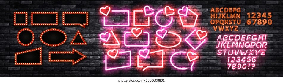 Vector set of neon sign for Valentine's Day with neon alphabet and billboards isolated on wall background.