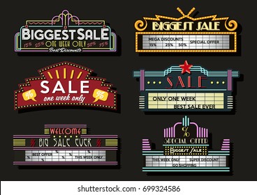 Vector Set of Neon Signboards and Light Boxes. Retro Cinema Stylized