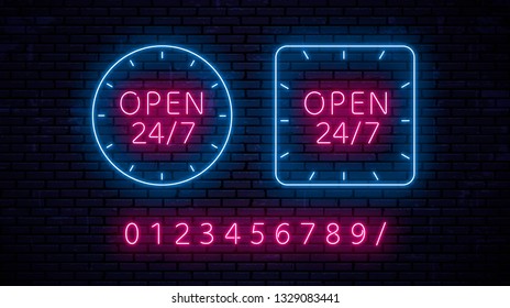 Vector set of neon signs. With the inscription - Open 24 hours a day, 7 days a week, around the clock with the ability to edit hours using a set of numbers.